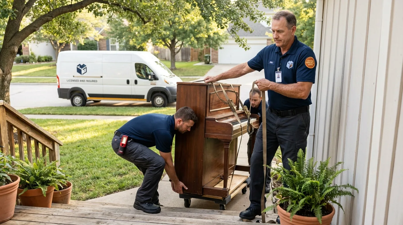 Licensed piano movers securing grand piano in Elmont, NY