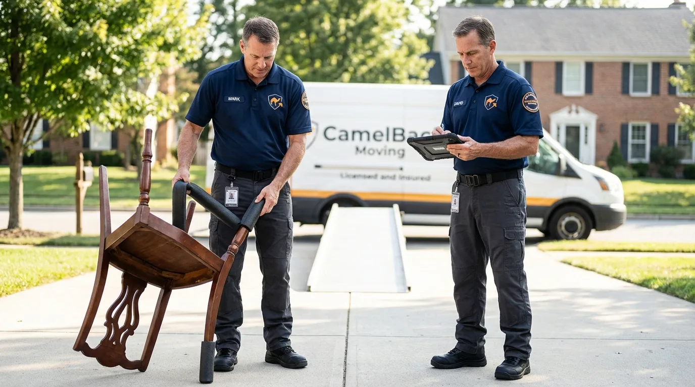 Movers inspecting furniture for damage prevention before loading in Elmont, NY