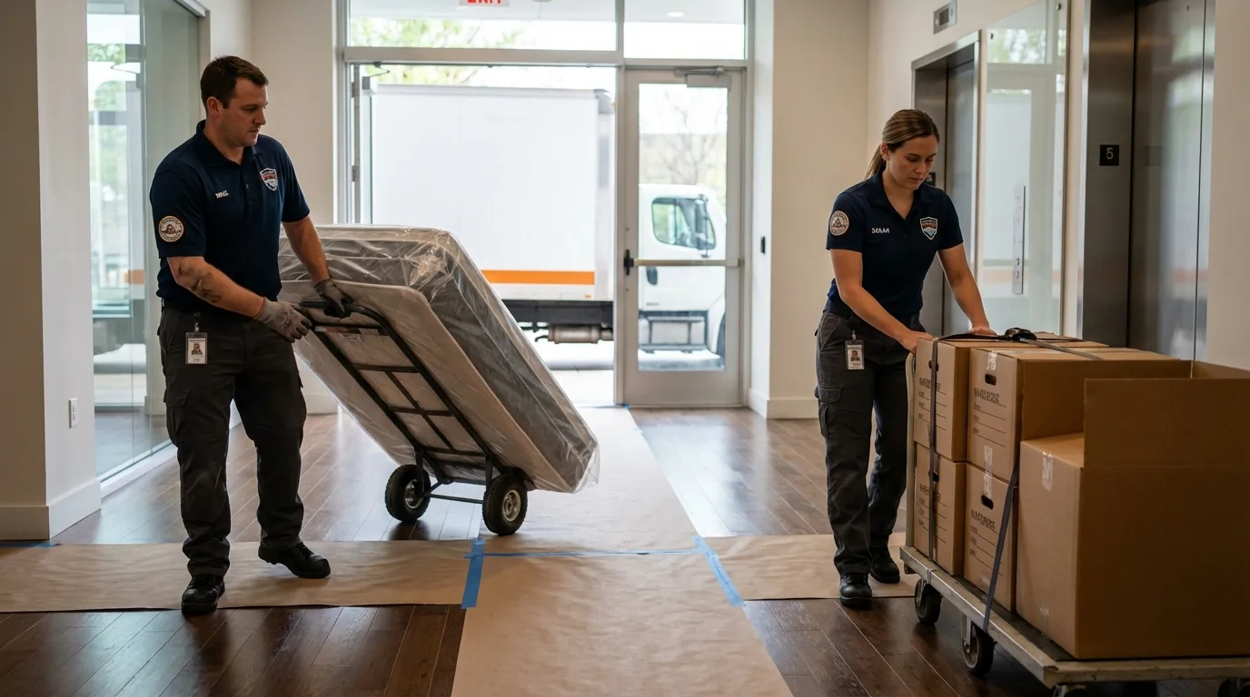 Professional apartment movers loading elevator in Elmont, NY