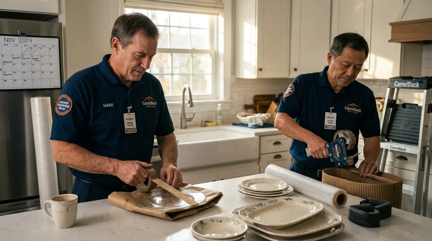 Professional crew packing kitchen dishware in Elmont, NY